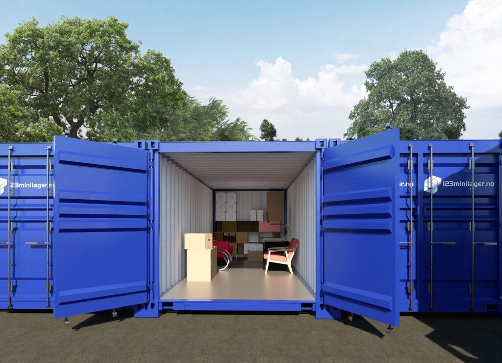 Blå lagercontainer med åpne dører.
